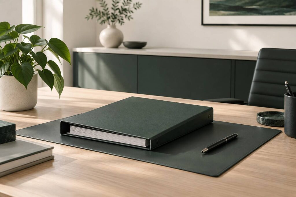 Bureau de professionnel avec classeur ferme et plante verte