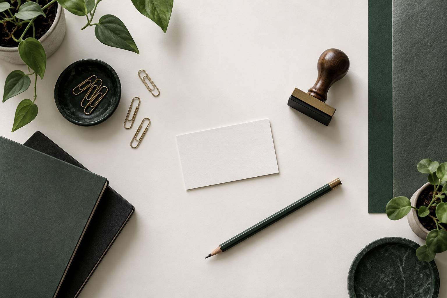 Carte vierge et tampon neutre sur un sous-main de bureau