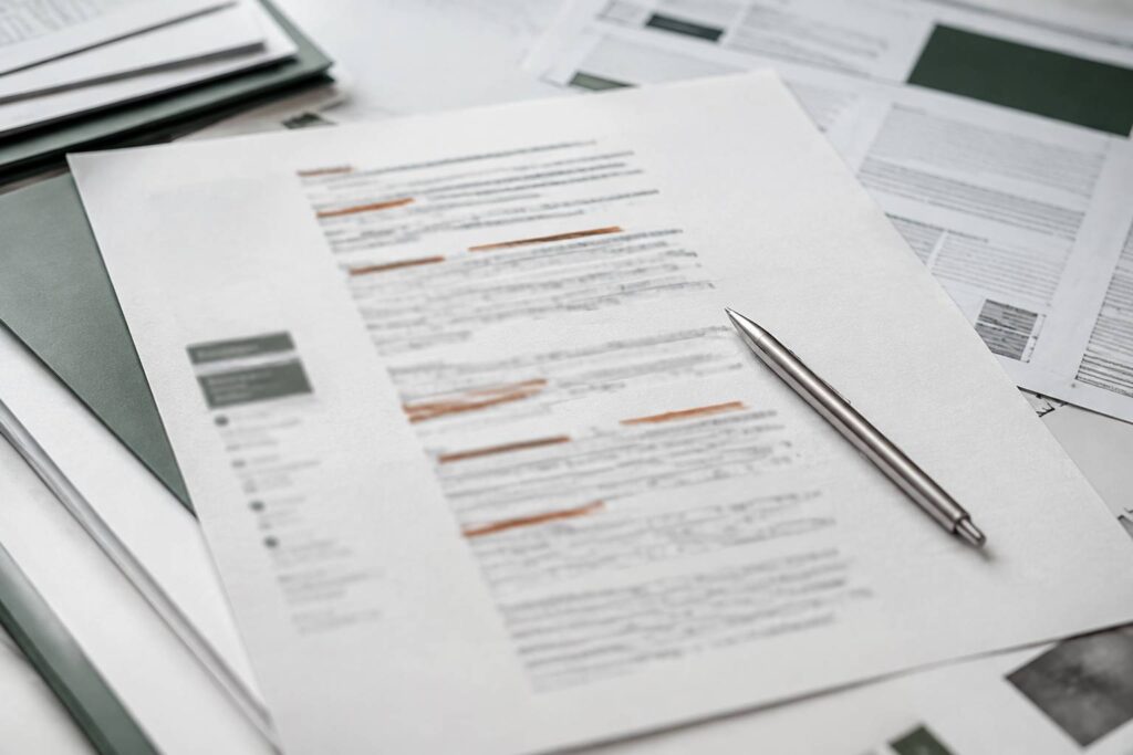 Page de site imprimée aux paragraphes flous surlignés en ocre brûlé