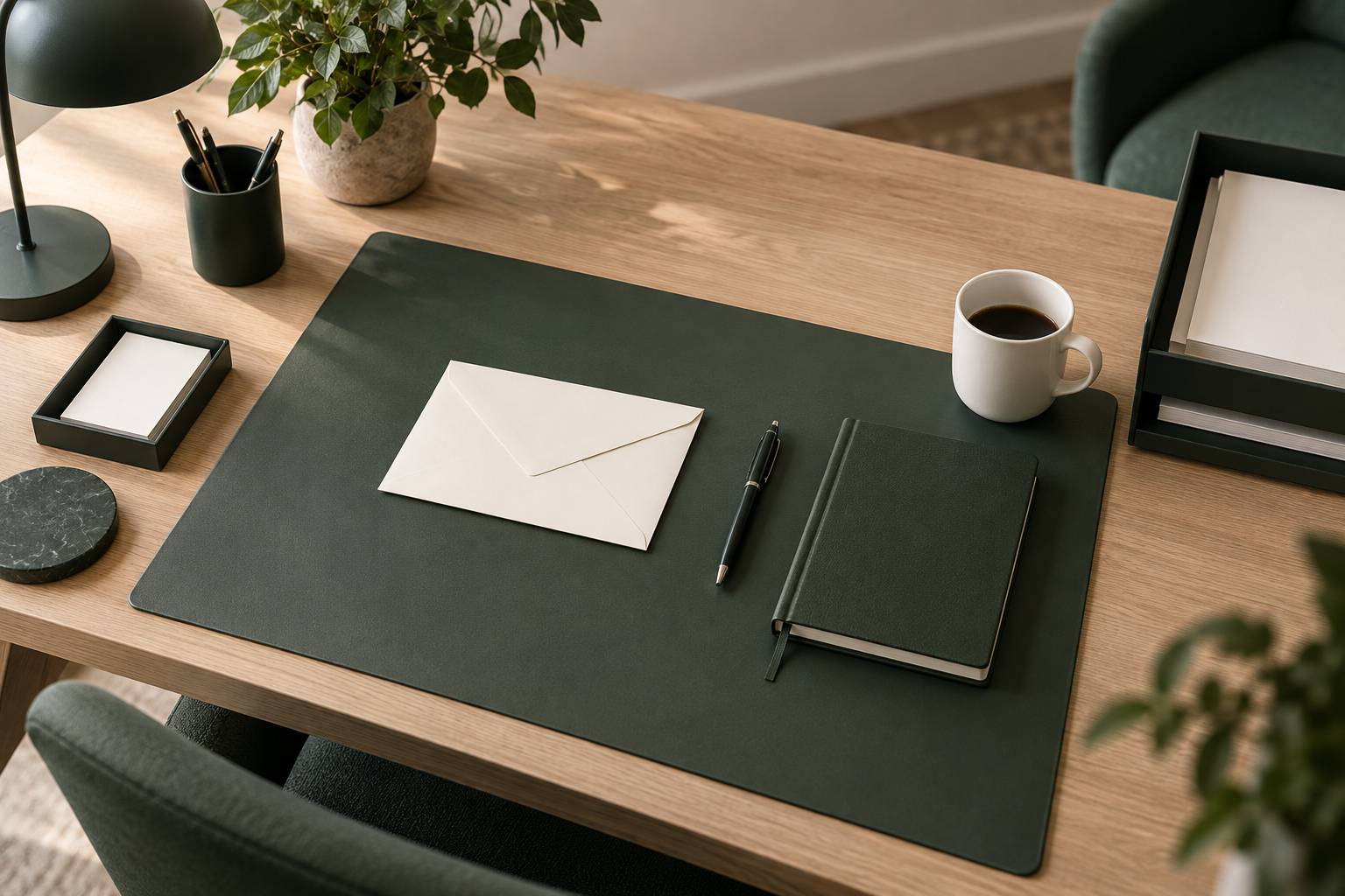 Sous-main de bureau avec enveloppe fermee et agenda