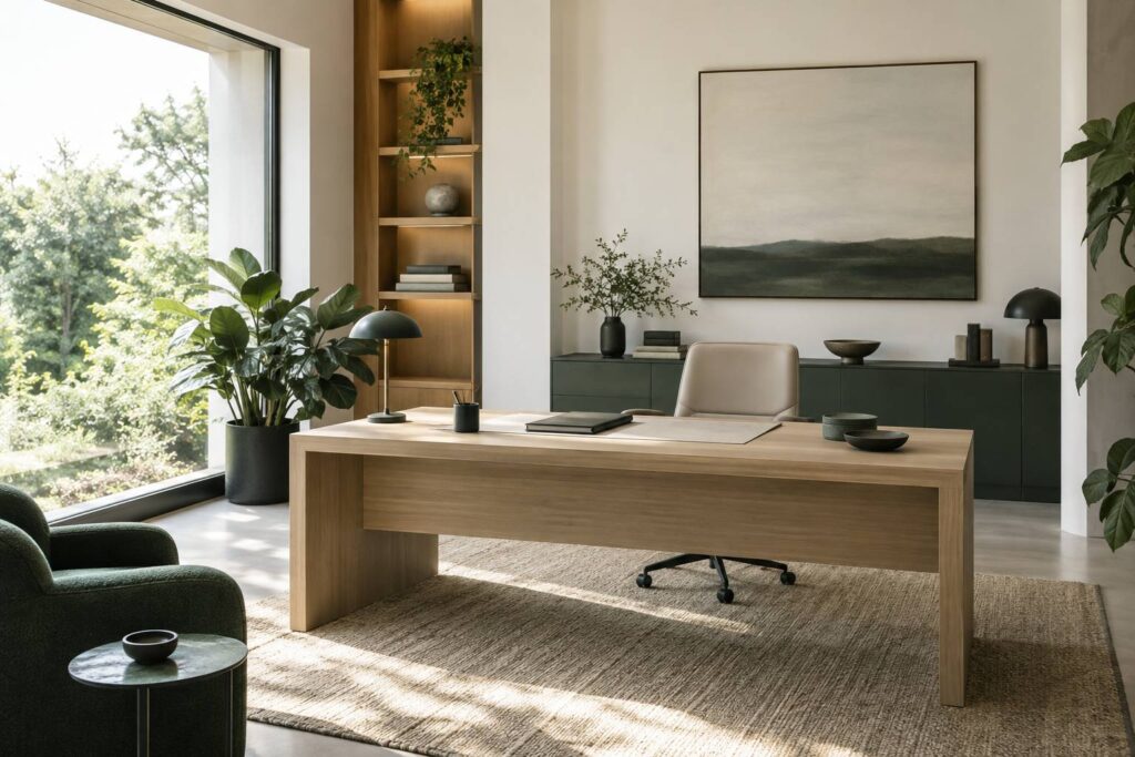 Cabinet de praticien sobre avec bureau en bois clair et fauteuil vide