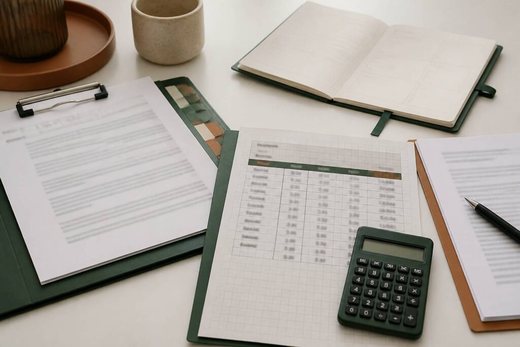 Tableau de budget aux chiffres flous avec calculatrice et contrat de location