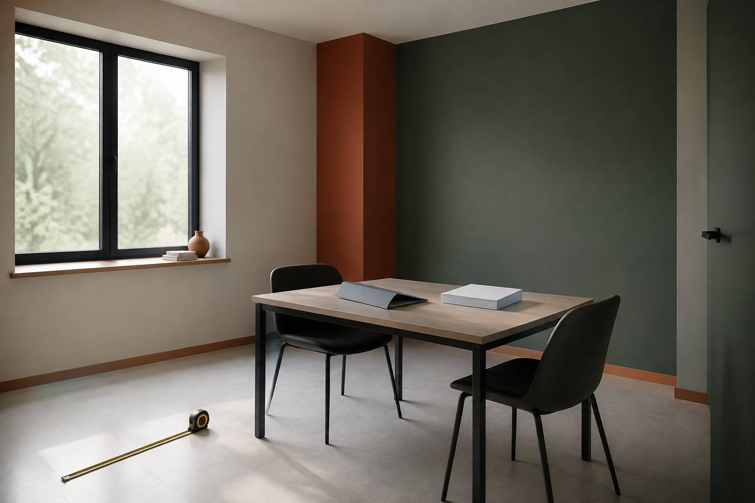 Pièce de consultation vide avec table simple et chaises sobres