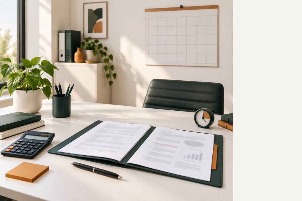 Bureau avec dossier de création d'activité, calculatrice et calendrier