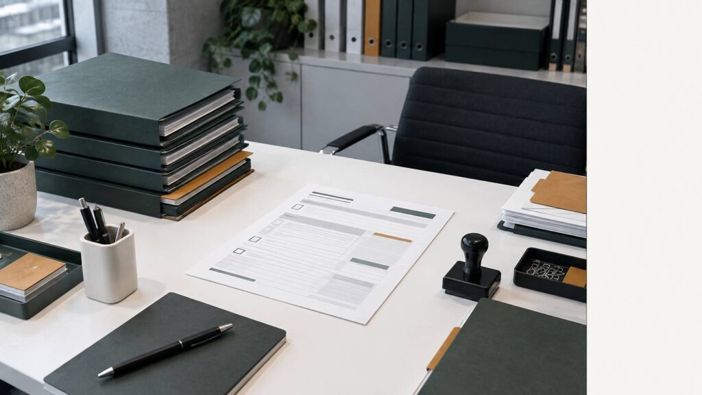 Bureau avec dossier de déclaration d'activité et tampon