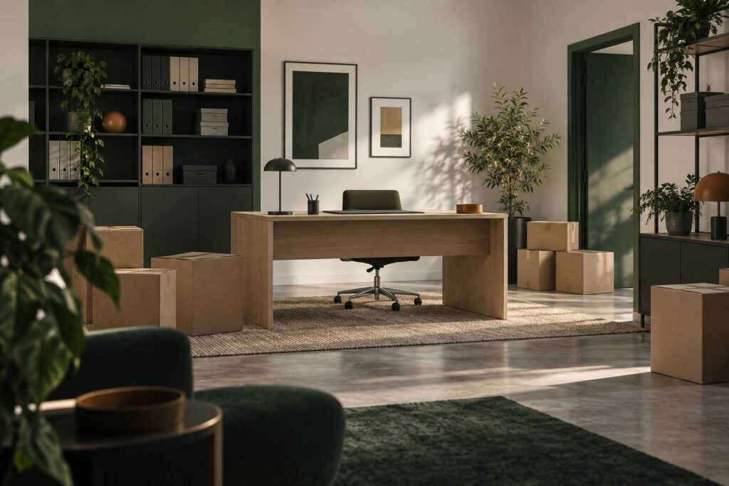 Cabinet de praticien range avec cartons de rangement et classeurs