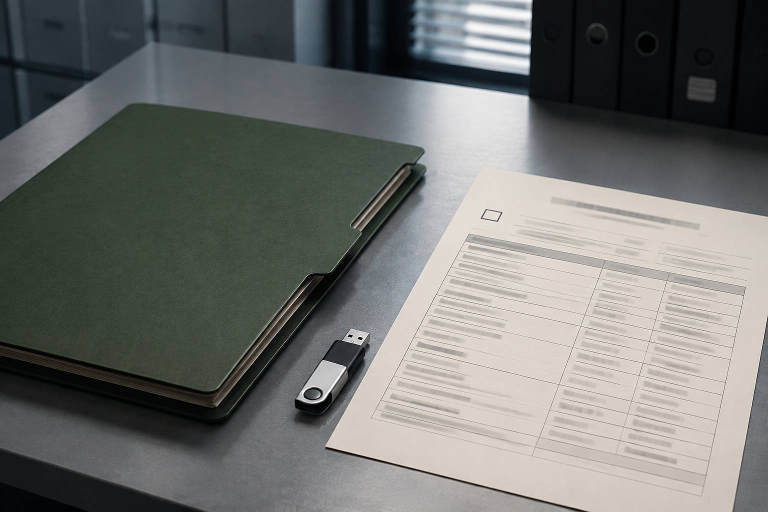 Fiche de collecte aux champs flous près d'un dossier fermé et d'une clé USB