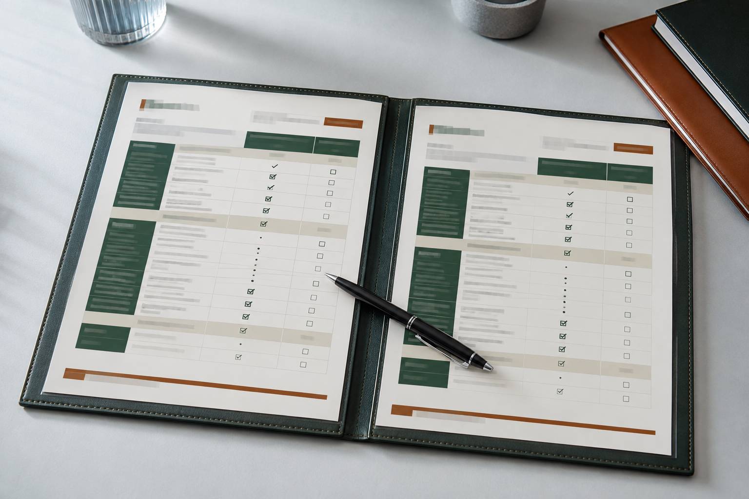 Tableau comparatif de contrats flous avec des cases cochées au stylo