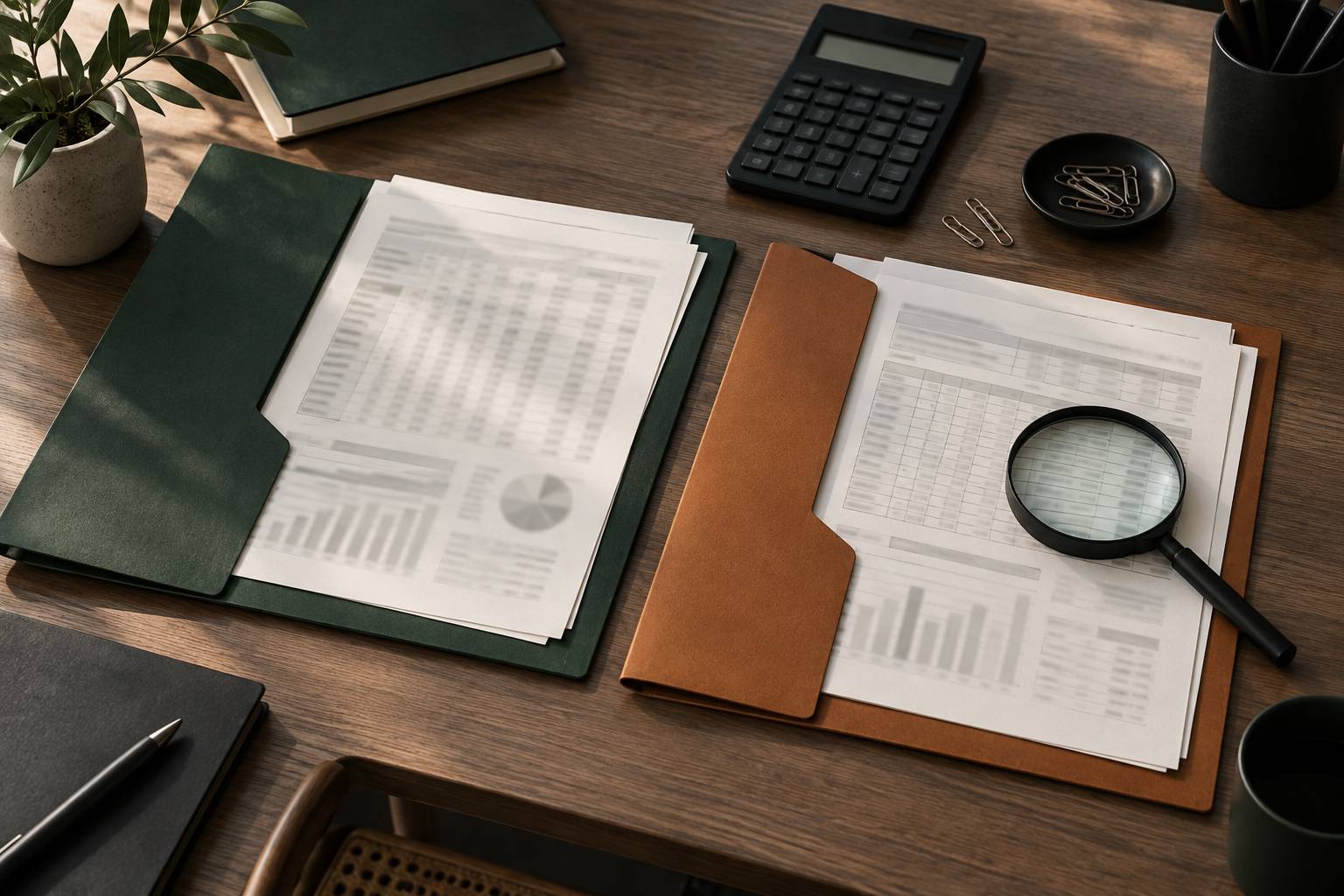 Deux dossiers cartonnés comparés sur une table avec calculatrice