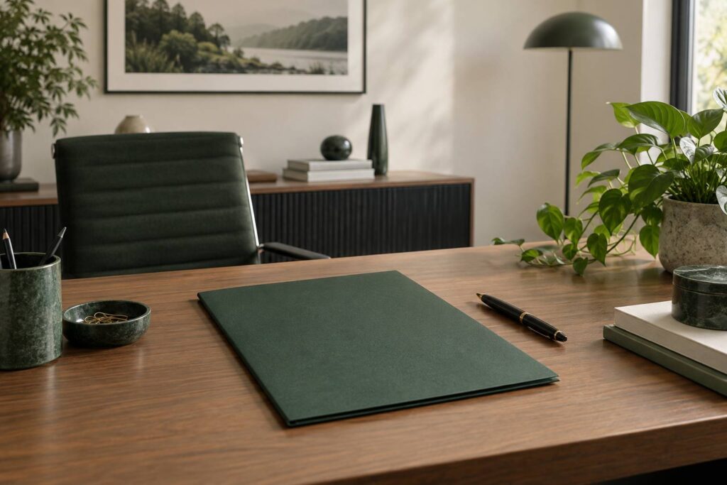 Chemise cartonnée et stylo plume sur un bureau professionnel ordonné