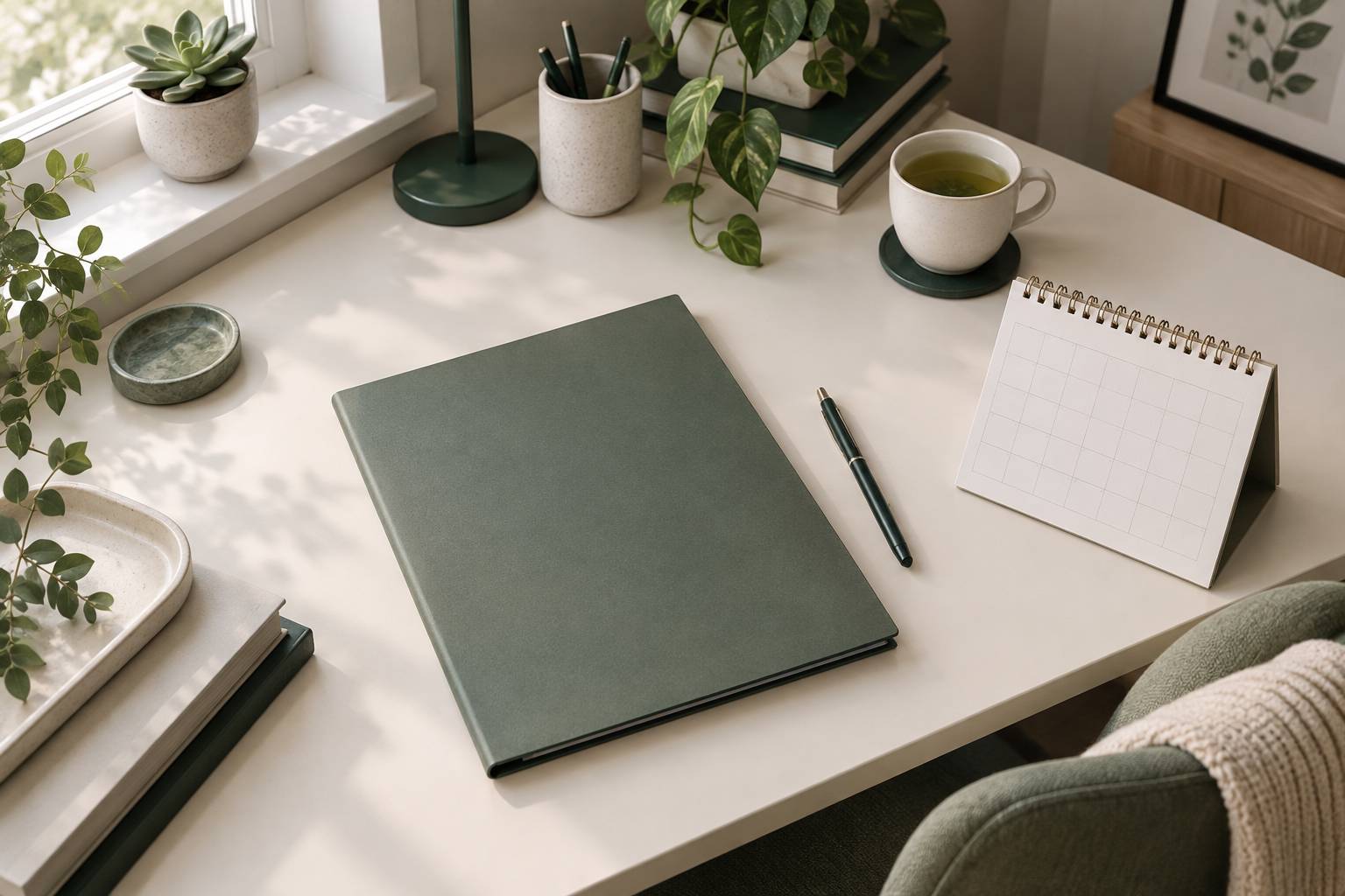 Bureau de praticienne avec dossier ferme, stylo et calendrier vierge