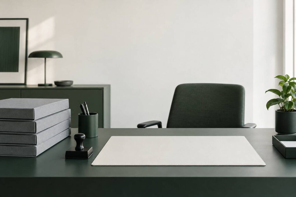 Chemises grises fermees et tampon sur un bureau de praticien sobre