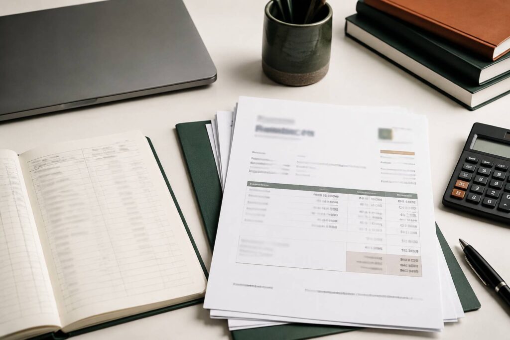 Factures floues, carnet de comptes et calculatrice sur un bureau sobre