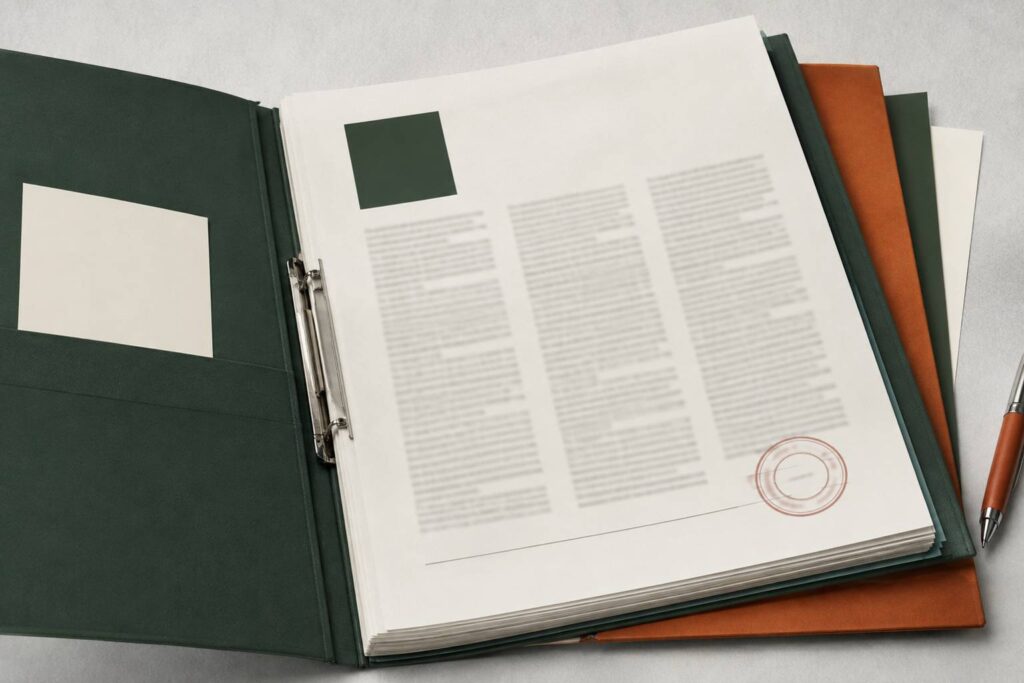 Dossier de statuts flous avec emplacement de logo masqué par une vignette