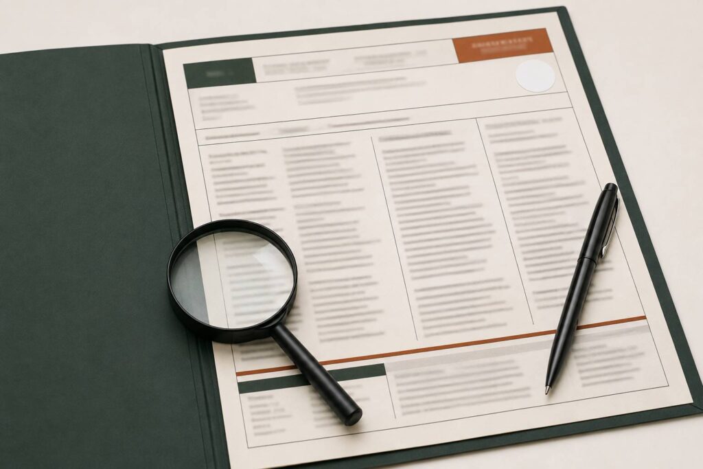 Fiche de certification aux textes flous avec numéro masqué et loupe