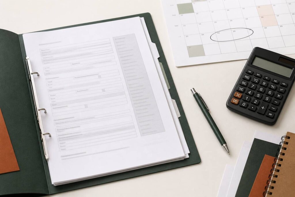 Dossier de financement ouvert avec calendrier et période entourée au crayon