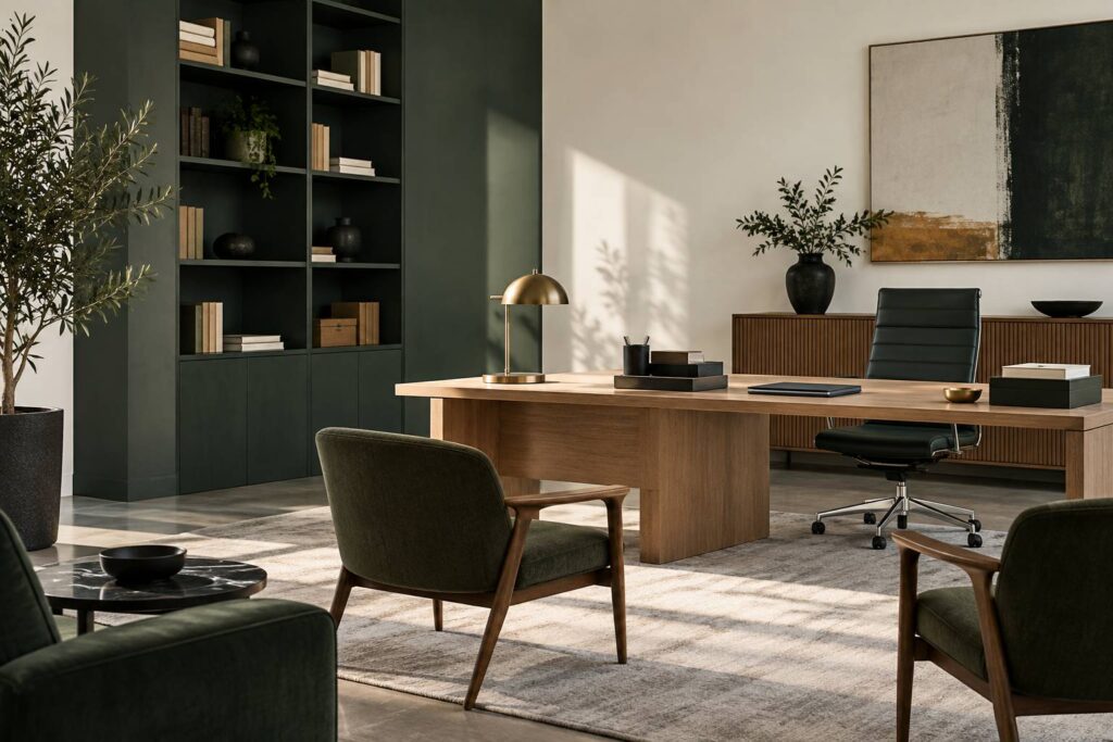Cabinet de praticien sobre avec bureau, dossier fermé et fauteuil vide