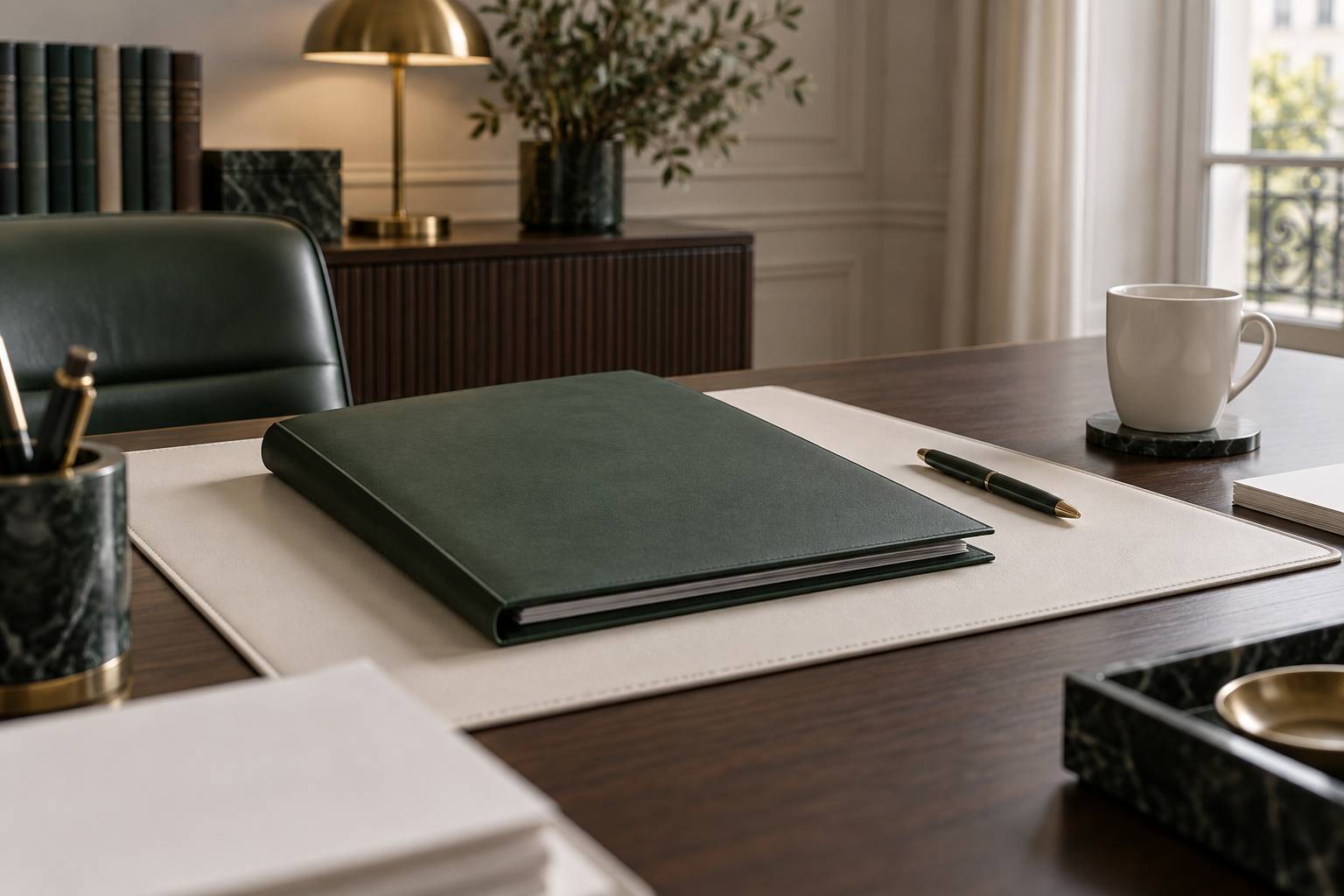 Dossier fermé et stylo sur un bureau de cabinet