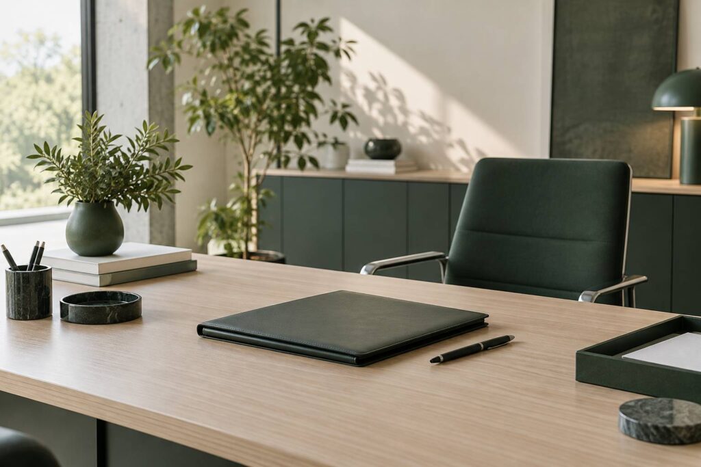 Bureau sobre avec parapheur fermé, stylo et fauteuil vide