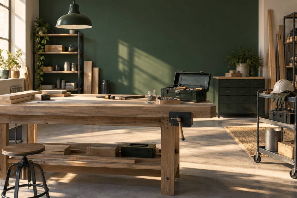 Outils de metier ranges sur l'etabli d'un artisan independant