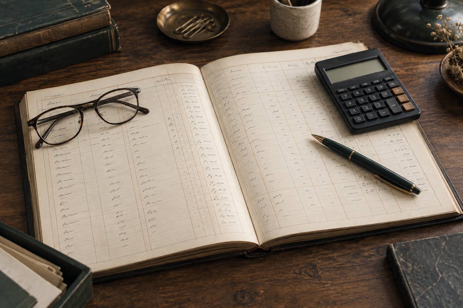 Registre comptable ouvert aux colonnes illisibles avec calculatrice et lunettes