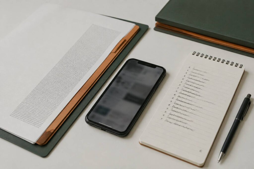 Téléphone à l'écran flou près d'un bloc-notes de canaux de prospection