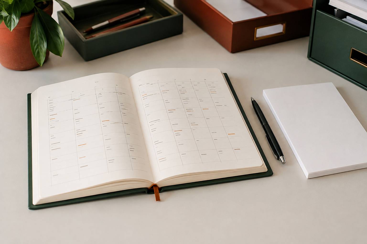Agenda annuel avec créneaux marqués et cases libres pour le calcul