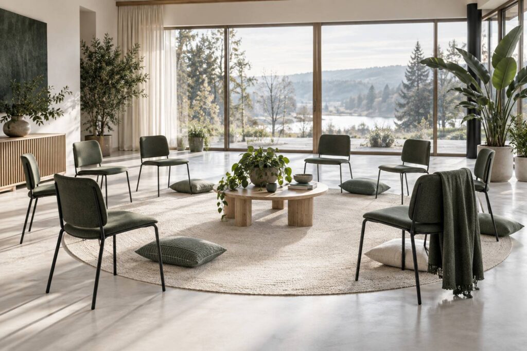 Salle claire aménagée pour un atelier collectif avec chaises en cercle