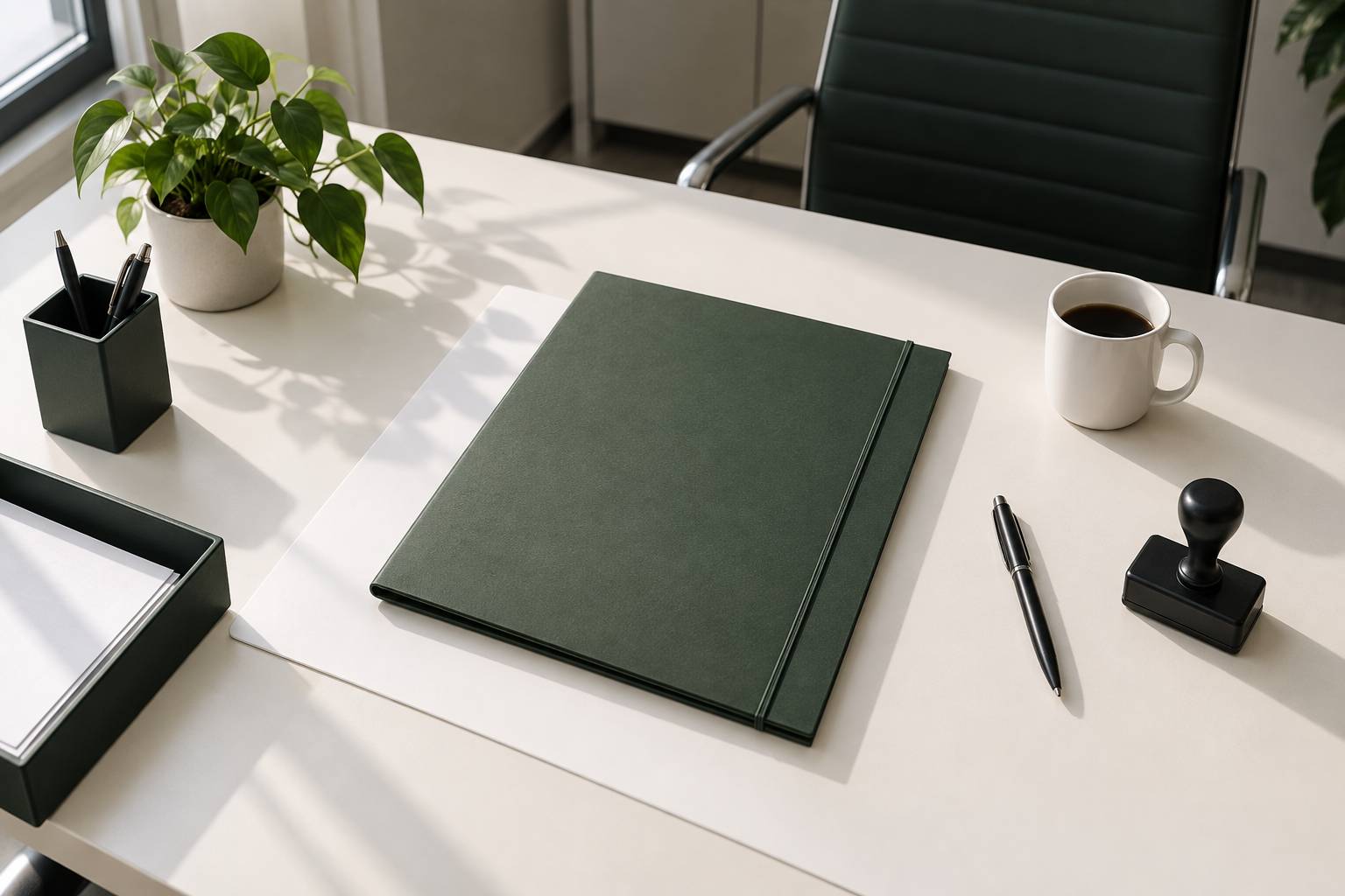 Bureau rangé avec chemise fermée, tampon et plante verte