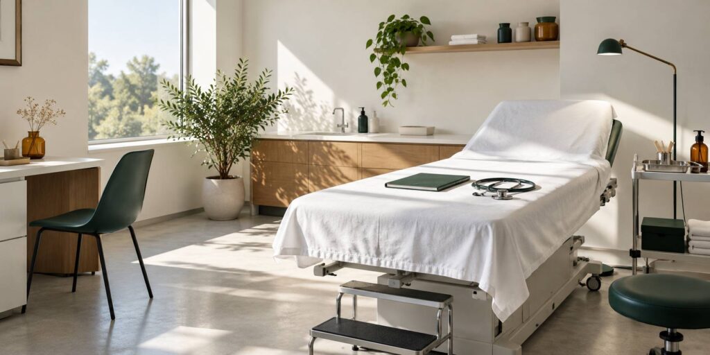 Cabinet de soins avec table d'examen, stéthoscope et dossier fermé