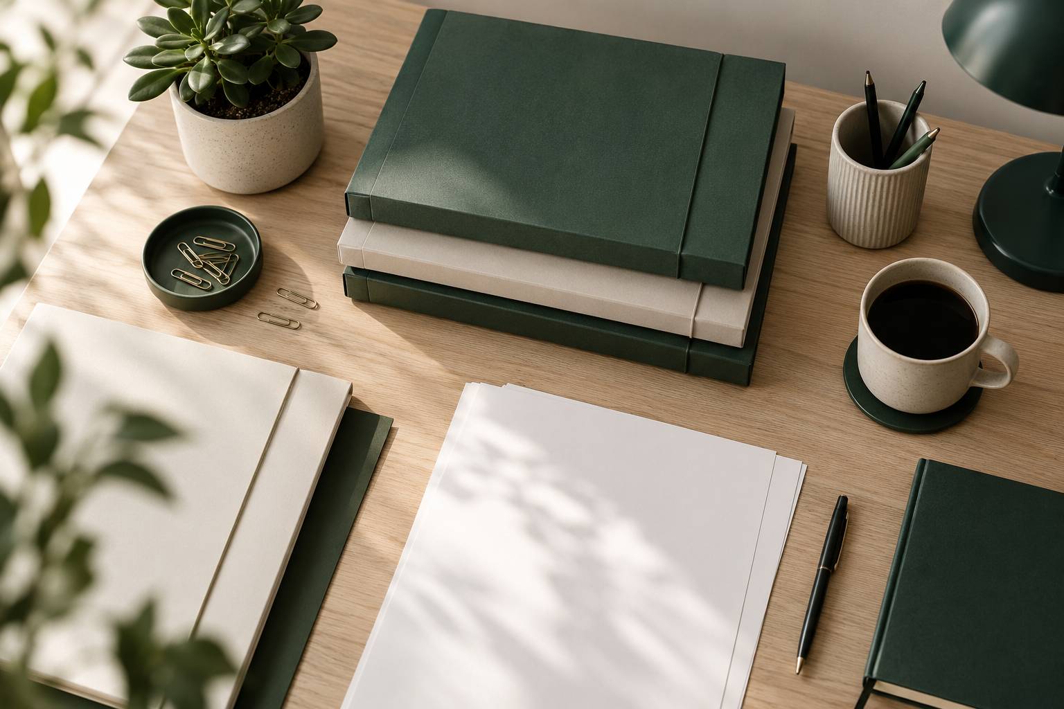 Dossiers cartonnes fermes et accessoires de bureau sur un plan de travail