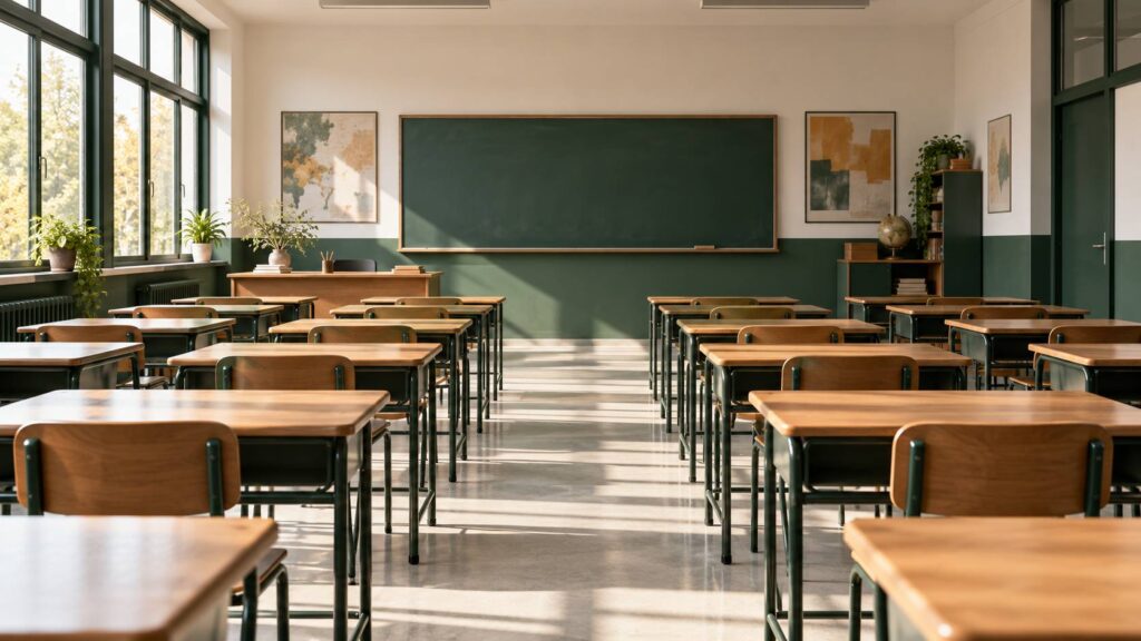 Salle de classe vide avec pupitres en bois alignés et lumière naturelle
