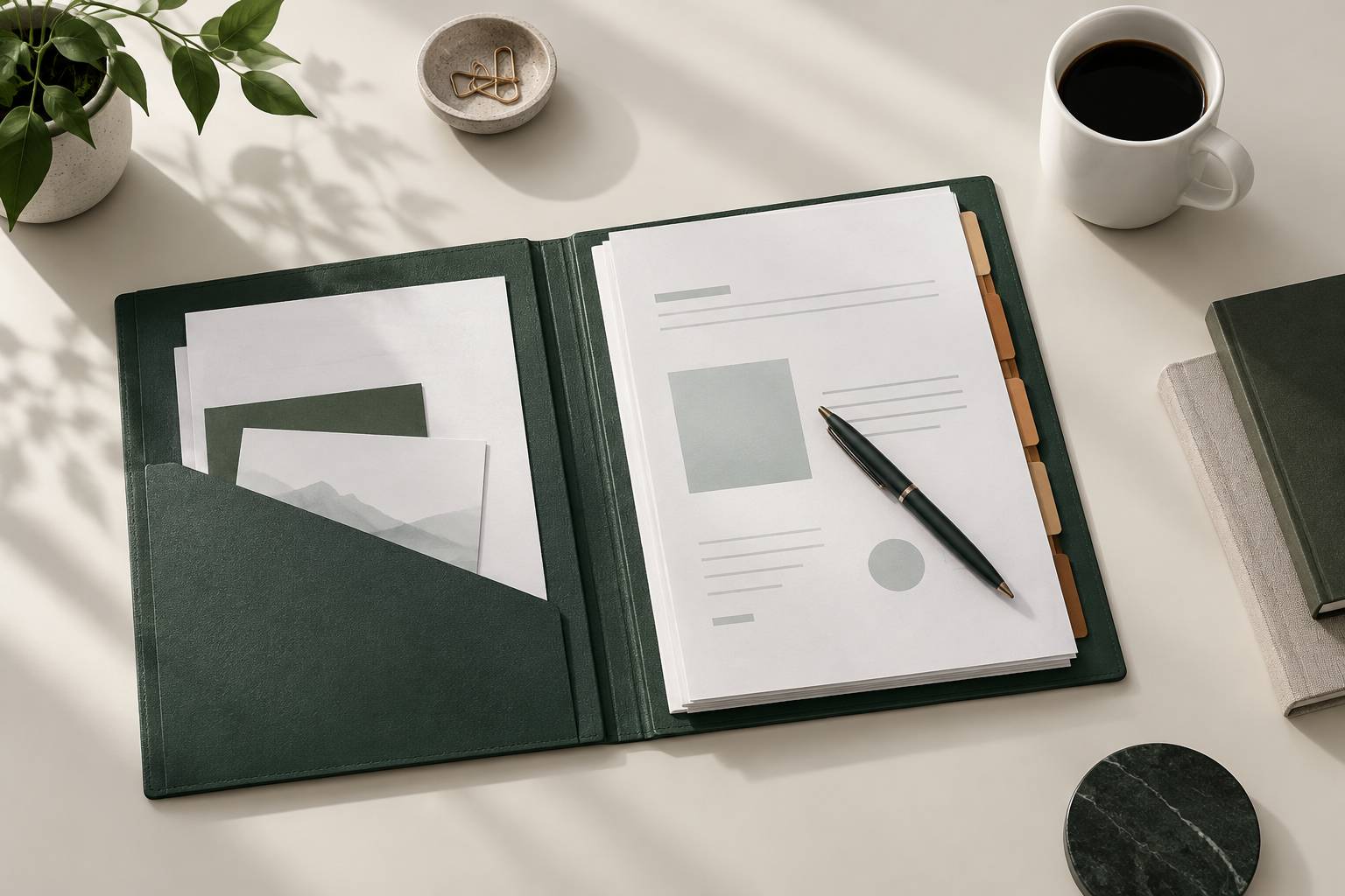 Dossier ouvert et stylo poses sur un bureau clair