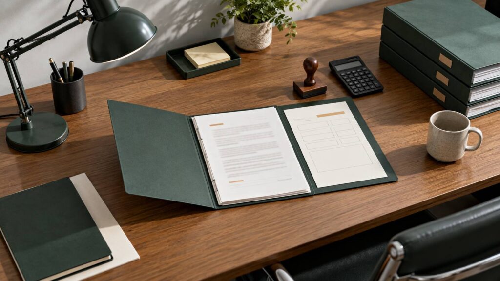 Chemise verte de statuts et formulaire d'adhésion sur un bureau