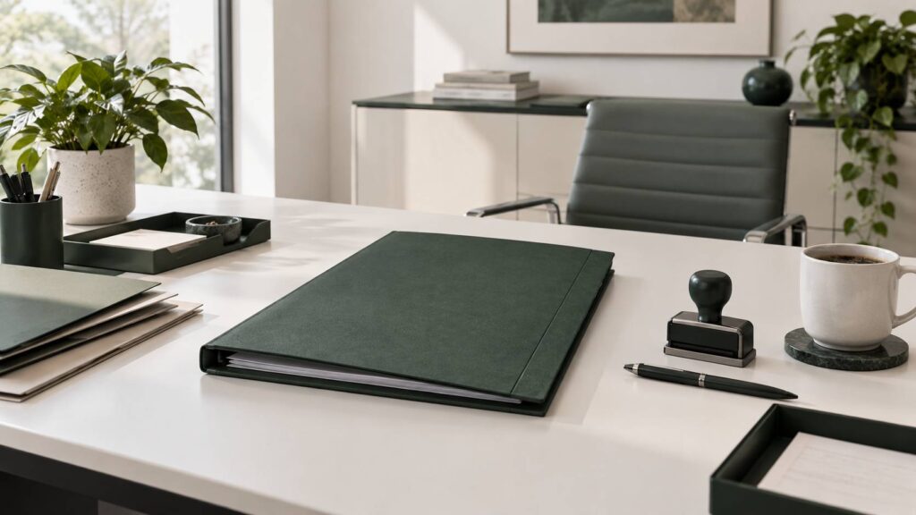 Dossier ferme et chemises de classement sur un bureau lumineux