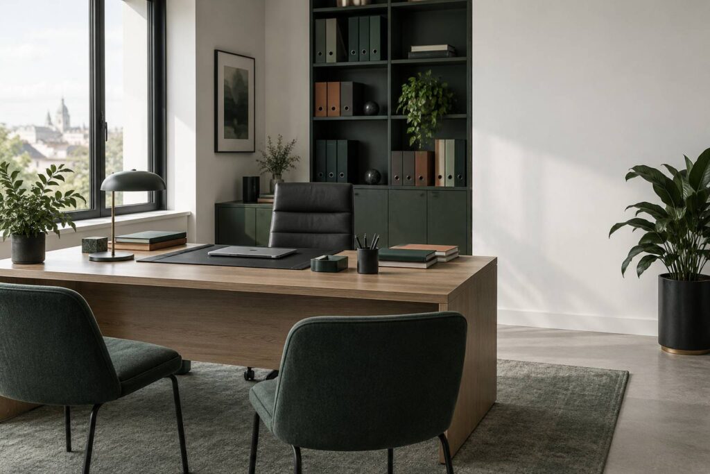 Cabinet professionnel sobre avec bureau rangé et fauteuils
