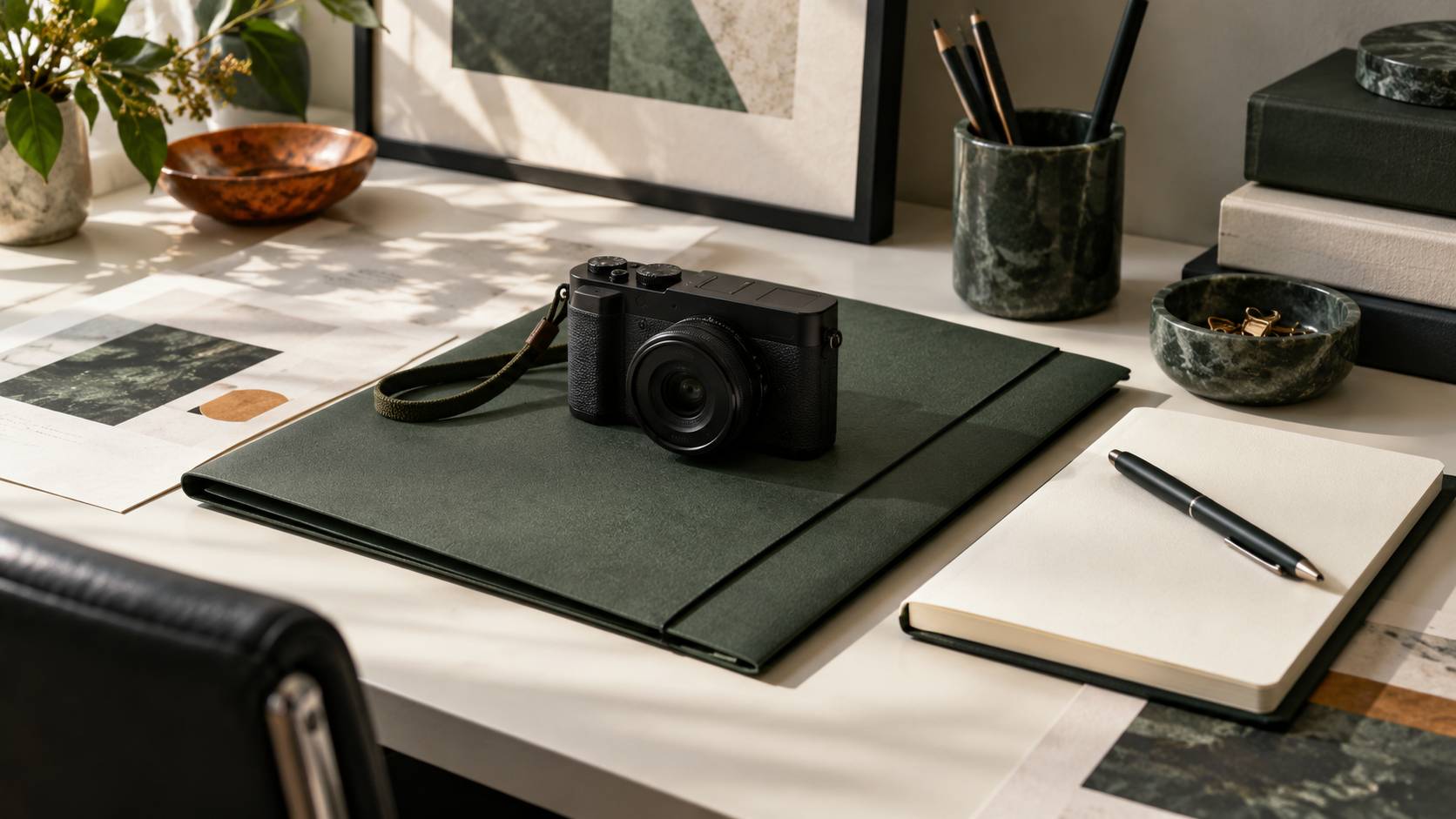 Appareil photo compact et carnet posés sur une chemise de bureau