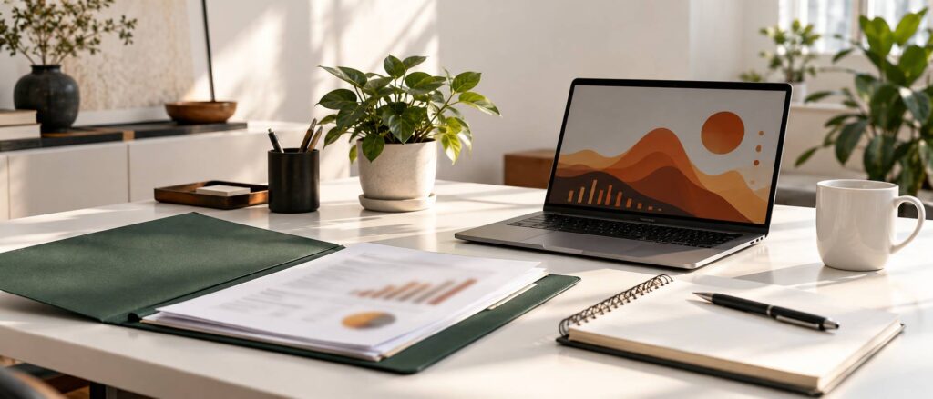 Dossier ouvert, carnet, stylo et ordinateur affichant un graphique sur un bureau clair