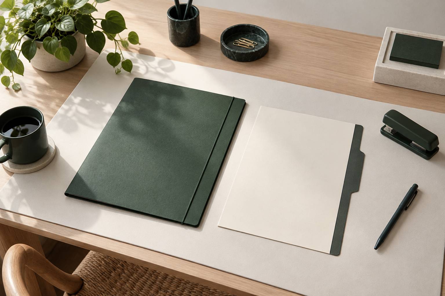 Chemise, intercalaire et agrafeuse posés sur un bureau administratif