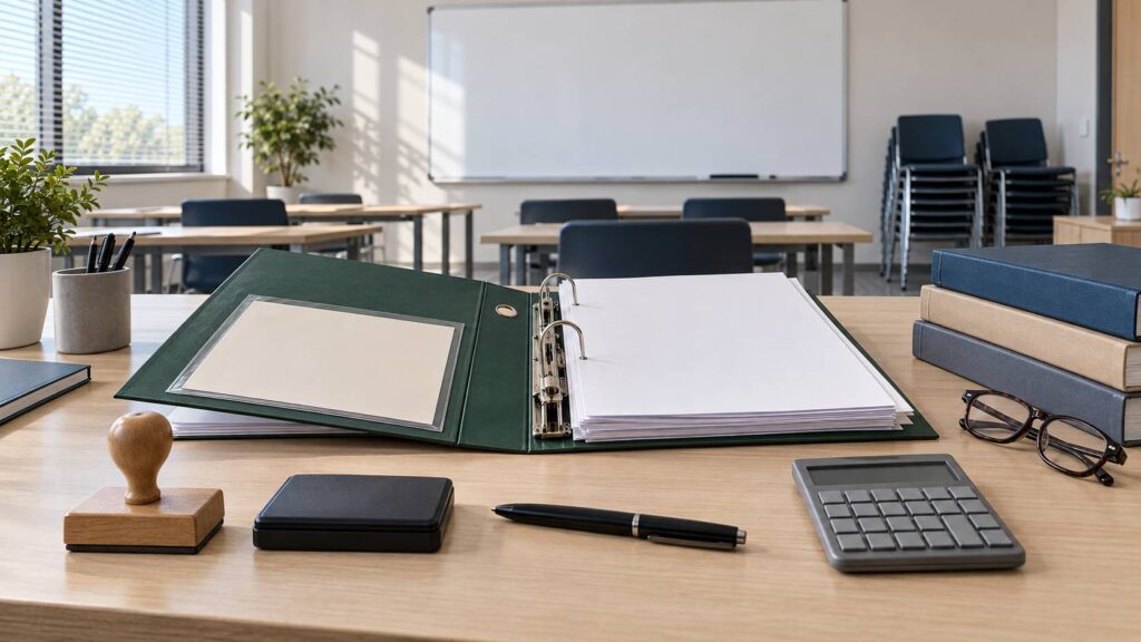 Classeur ouvert avec un certificat cartonné vierge sur un bureau de salle de formation