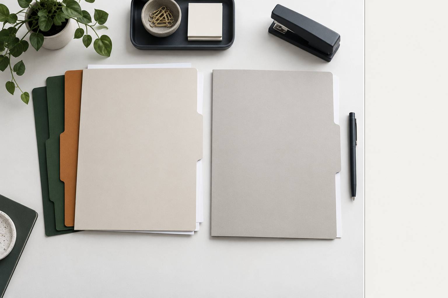 Deux chemises cartonnees et intercalaires colores sur un bureau