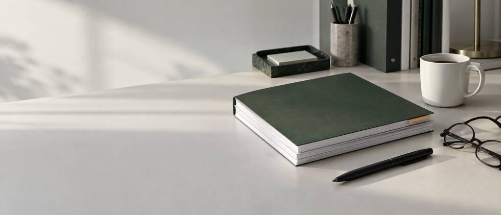 Documents vierges, stylo et lunettes posés sur un bureau de travail sobre