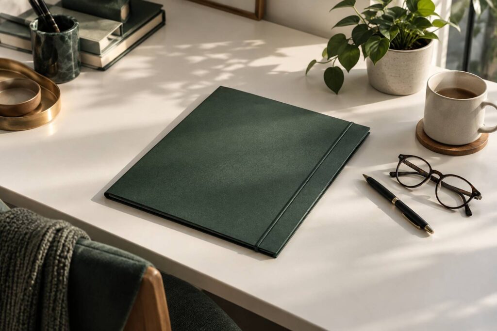 Chemise de dossier fermee et stylo sur un bureau clair