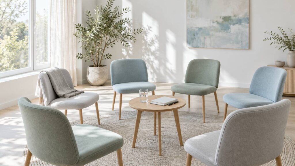 Salle de travail avec chaises en cercle, carnet et verre d'eau sur un guéridon
